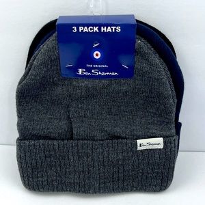 BEN SHERMAN, 3 PACK BEANIE SET, UNISEX, ONE SIZE FITS ALL, GREY, NAVY & BLACK